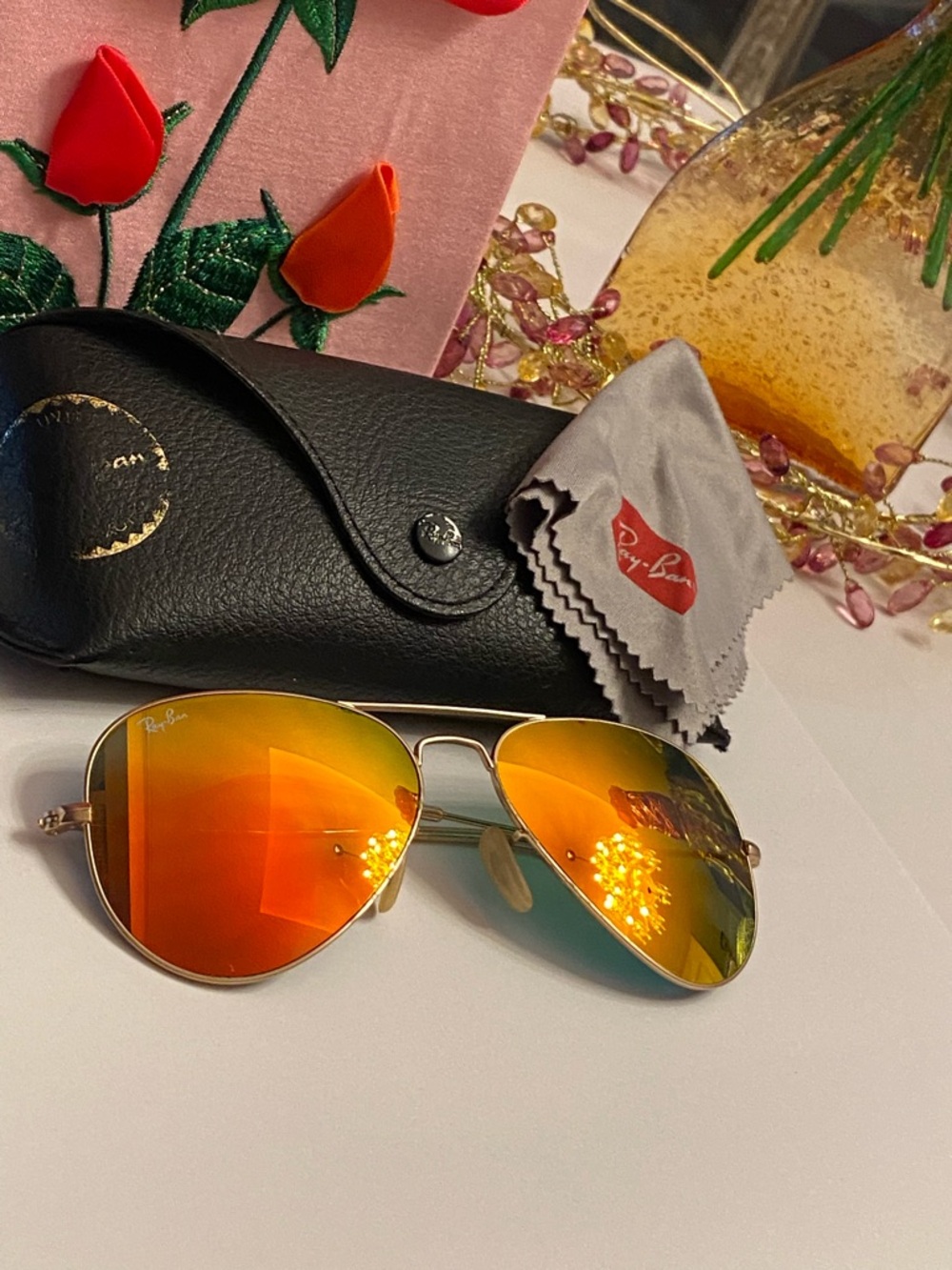 Vintage Ray-Ban Gold Frame Sunglasses with Orange-Red Mirror Lenses